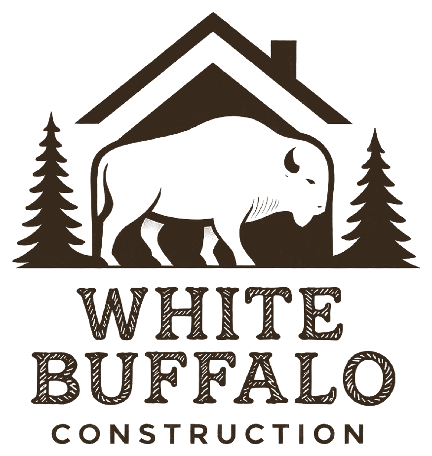 White Buffalo Construction logo showing a white buffalo under a house roofline, flanked by pine trees, with WHITE BUFFALO CONSTRUCTION lettering